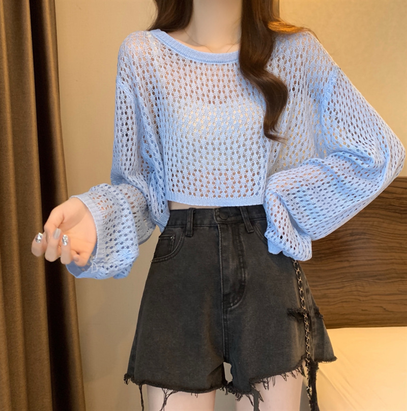 カットソー 透かし編みショート丈カットソー
