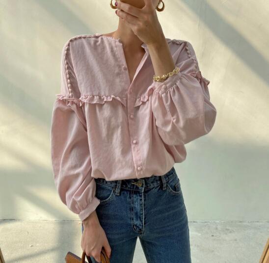 カットソー 秋服フリル長袖ブラウス丸襟レディース