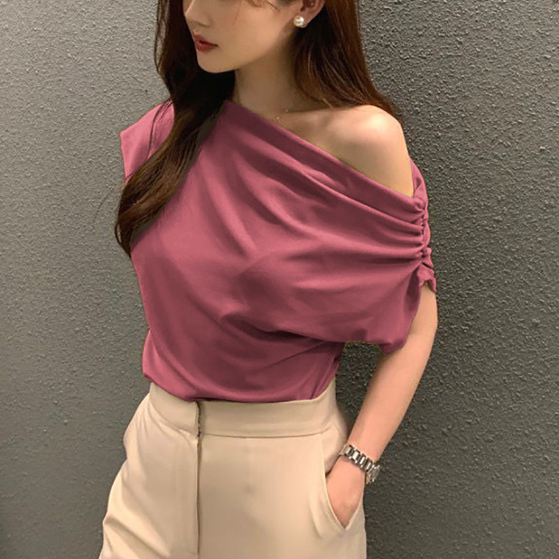  カットソー 優美なドレープ肩魅せボートネック