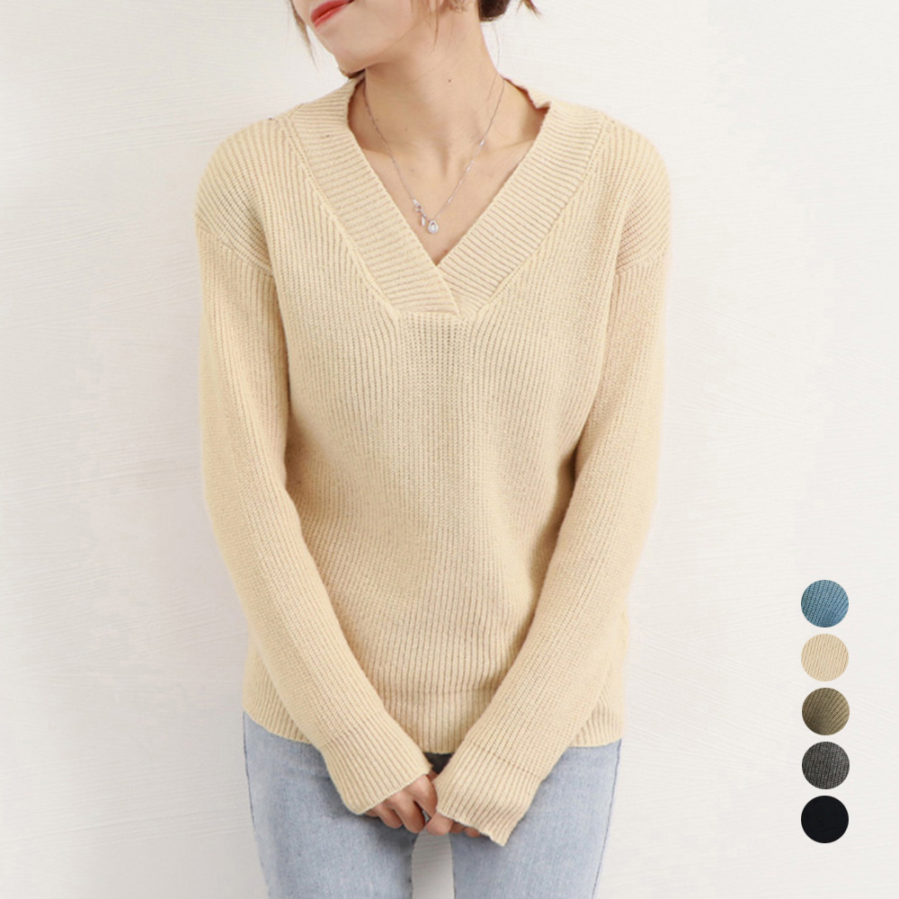 カットソー 上品ブイネックリブニットセーター 長袖レディース秋冬