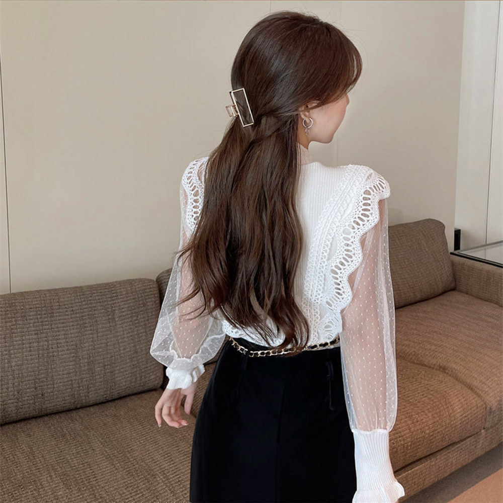 カットソー ハイネック透け感袖異素材切り替えブラウス