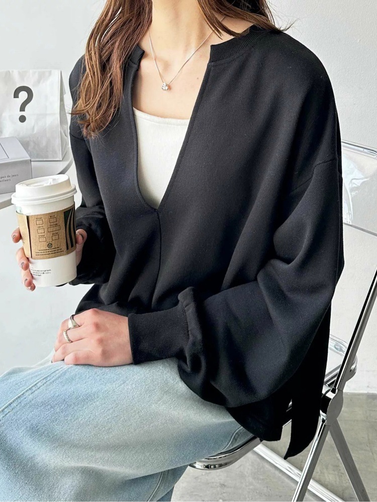 女性用Vネック長袖カットソー ゆったり無地プルオーバー