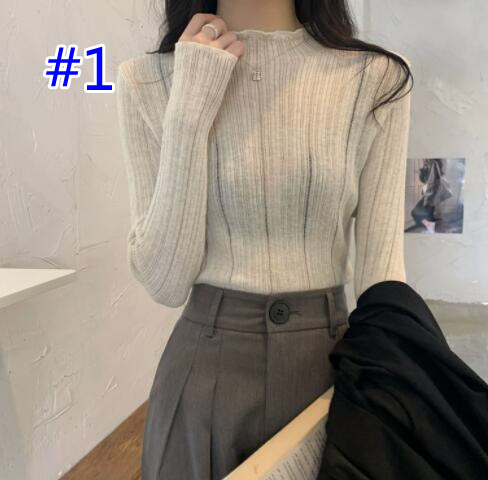カットソー 秋冬レディースハイネックニットセーター細身リブ編み