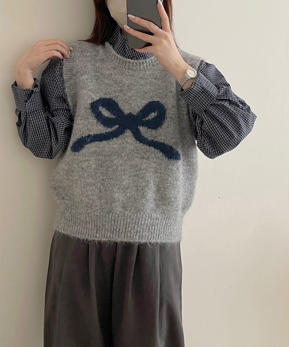 カットソー リボン柄ニットベスト レディース ノースリーブ