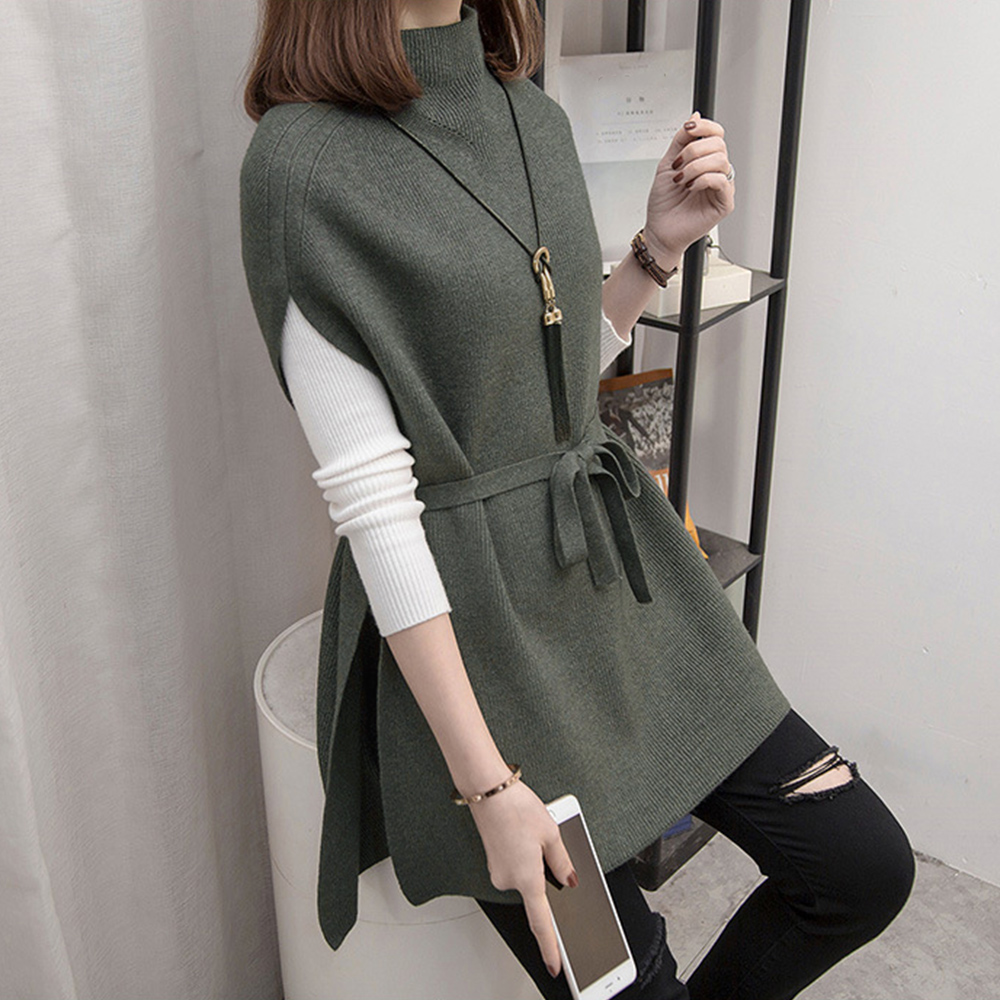 カットソー ノースリーブ ニットベスト 韓国風 体型カバー チュニック丈