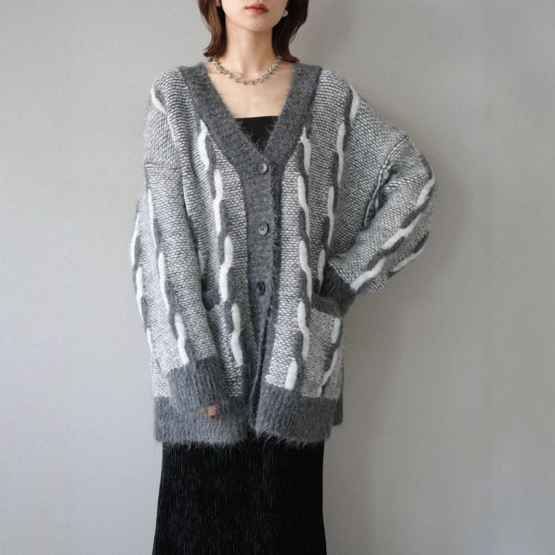 カットソー ブイネック編み柄カーディガン レディース ゆったりニット