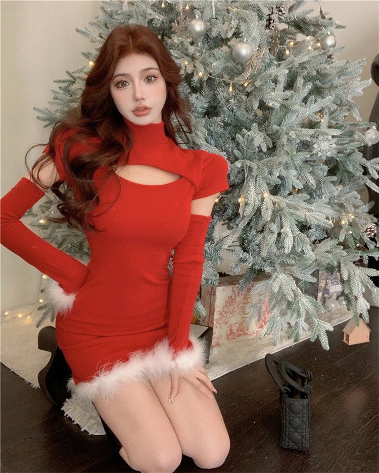 カットソー 聖夜ハイネックファー装飾ワンピース赤