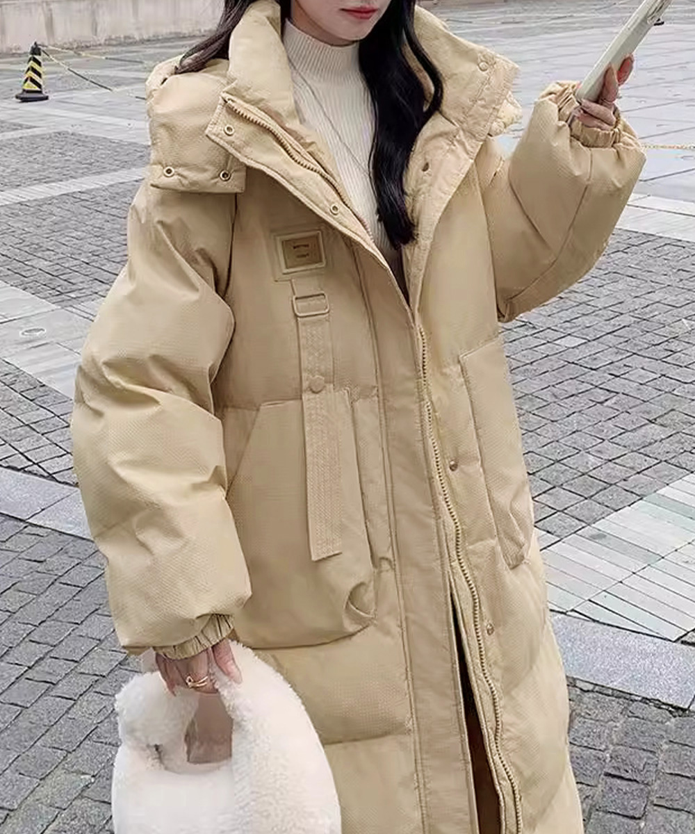 カットソー 長袖フード付き中綿入りロングコート防寒軽量