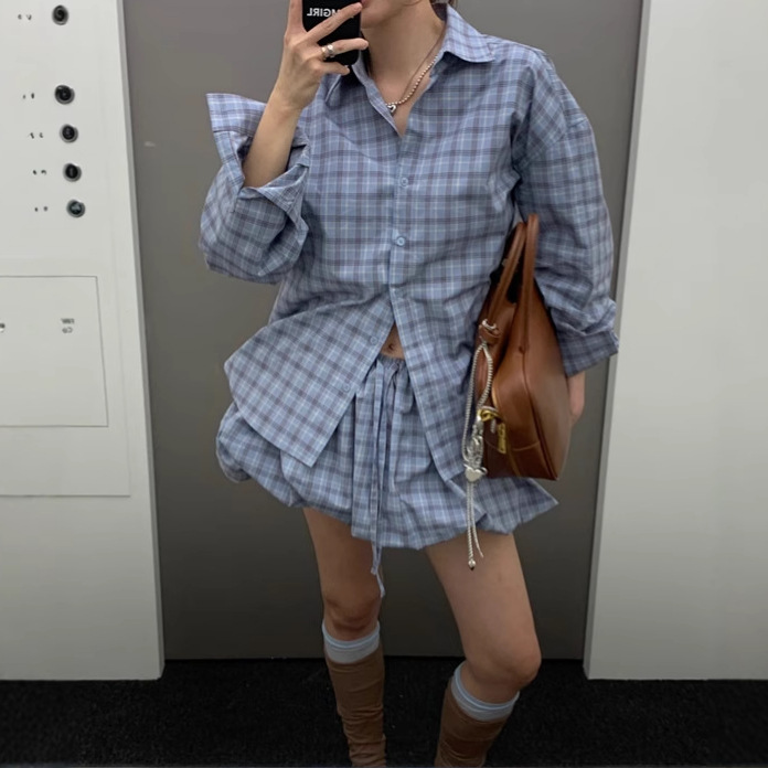 カットソー チェック柄 長袖シャツ ショートパンツ レディースセット