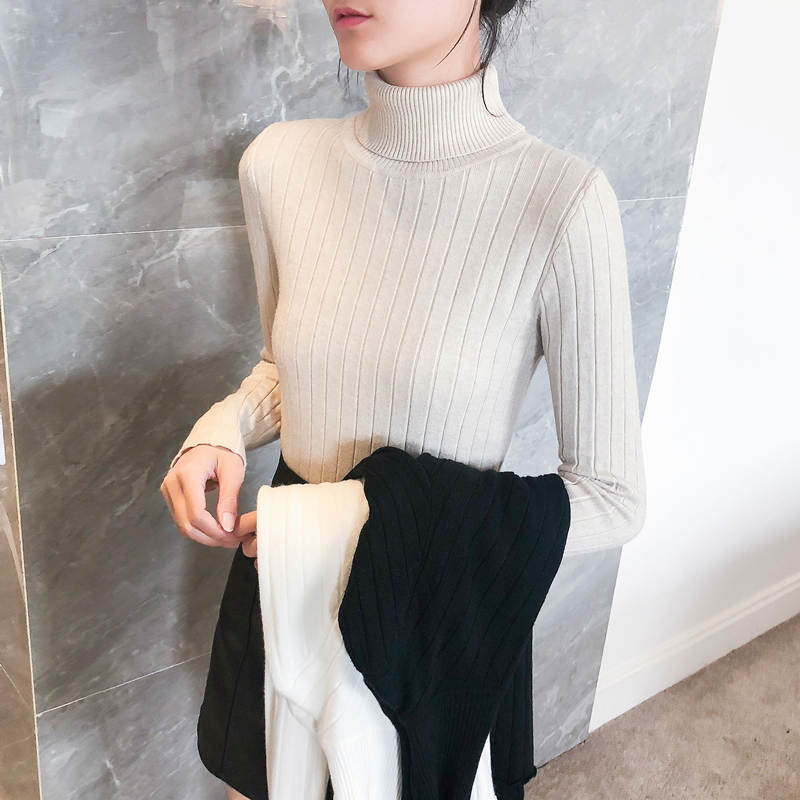 カットソー 縦リブ編みタートルネック長袖カットソー