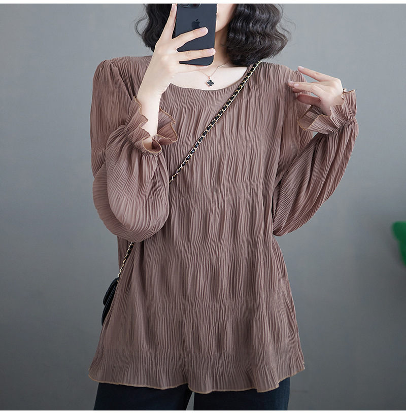 カットソー シアー素材シャーリング長袖ブラウス丸首女性用上品