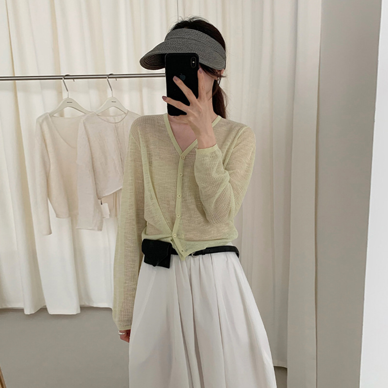 カットソー リブ編み フロントボタン Vネック