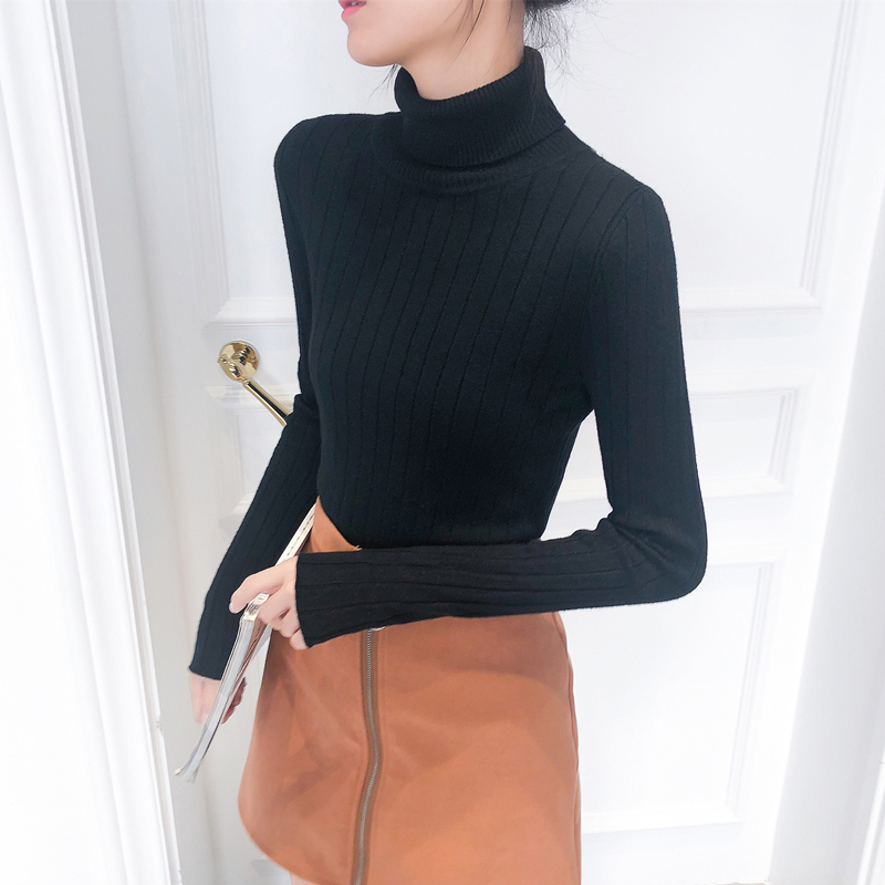 カットソー 縦リブ編みタートルネック長袖カットソー