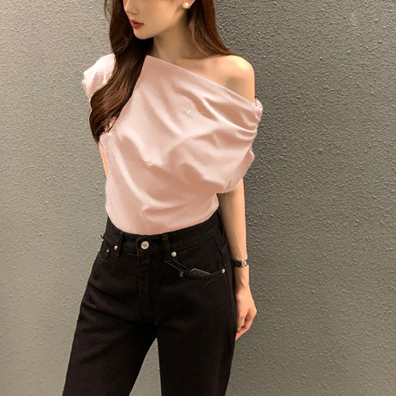  カットソー 優美なドレープ肩魅せボートネック