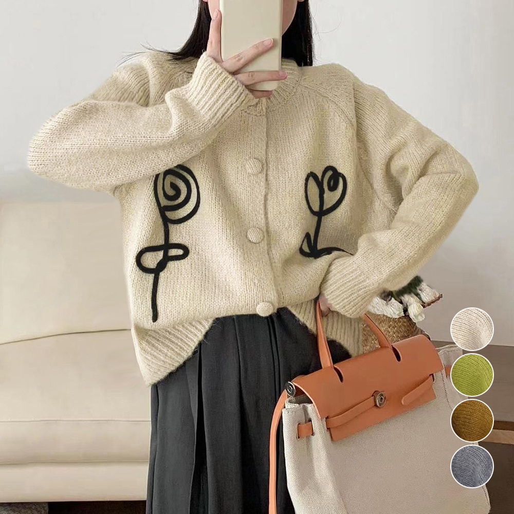 カットソー 花刺繍入り長袖中厚手ニットカーディガン