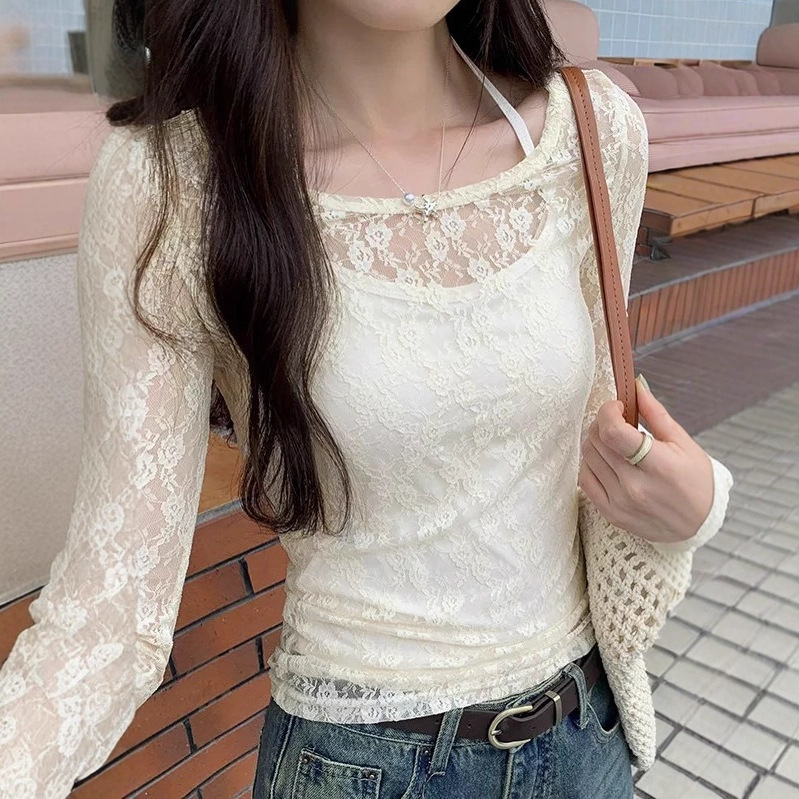 カットソー 2025新作 ボートネック レース長袖 透け感花柄 重ね着トップス