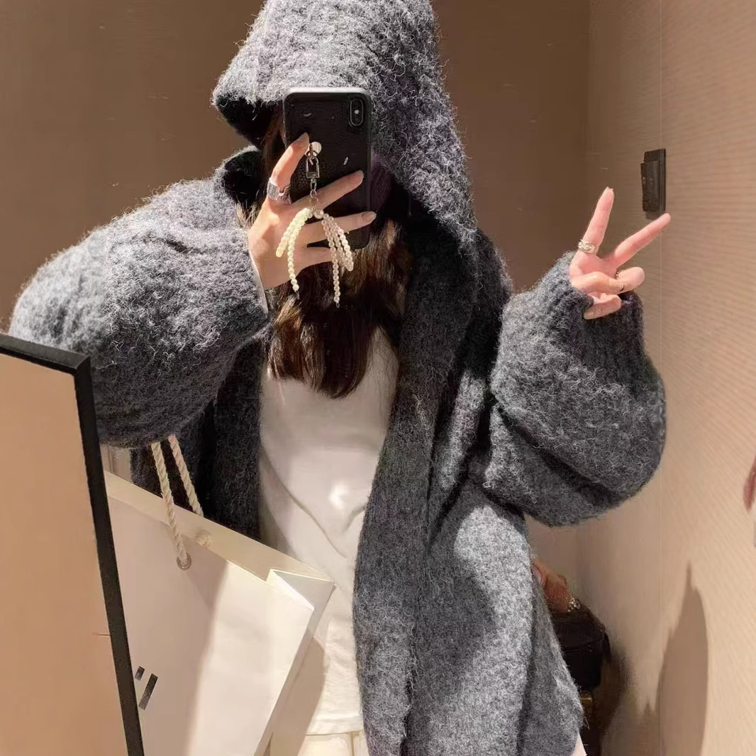 カットソー もこもこフード付きカーディガン