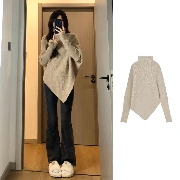 カットソー レディース タートルネック ニット セーター 長袖 アシンメトリー