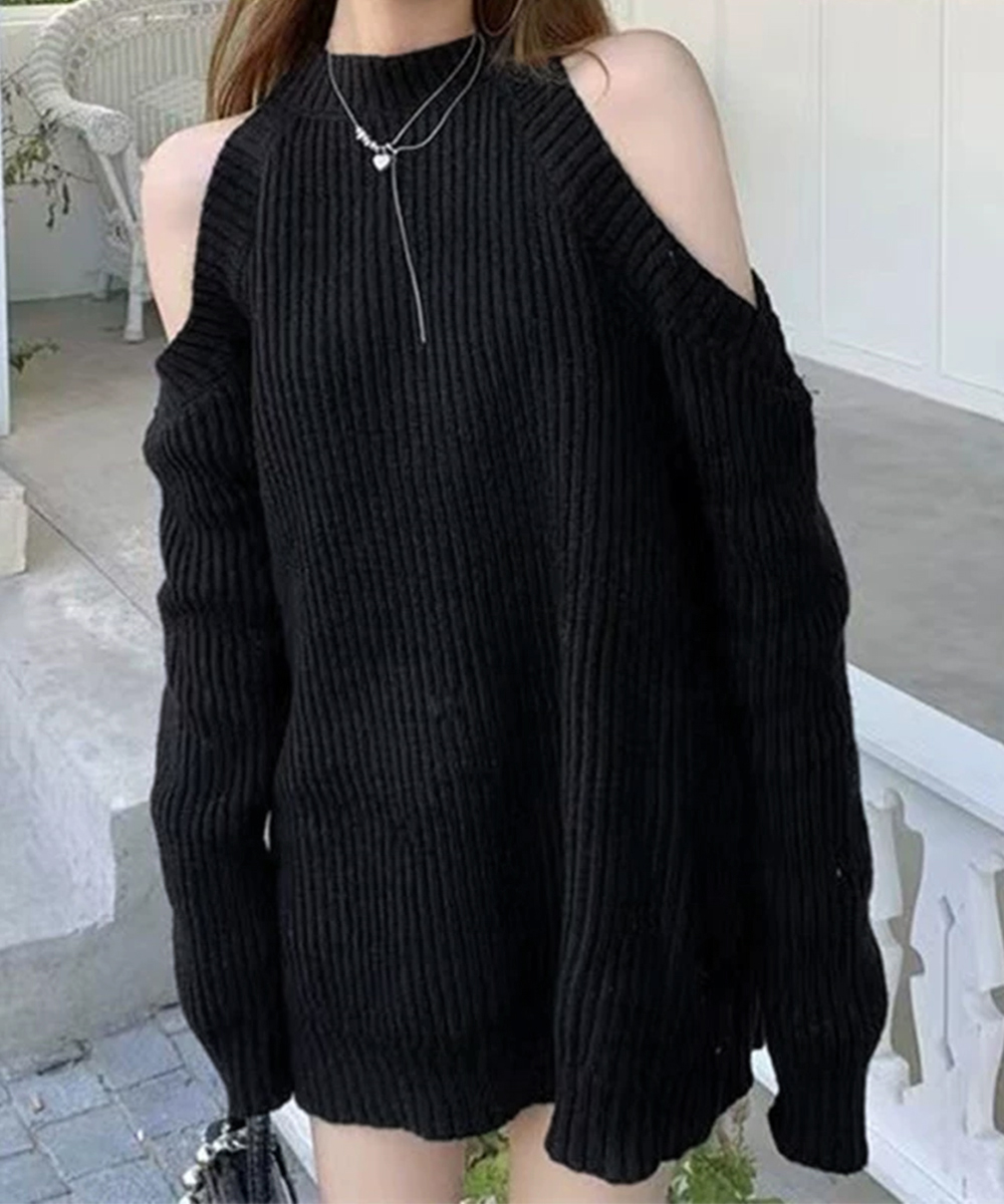 カットソー ハイネック肩あきニットワンピース短め丈