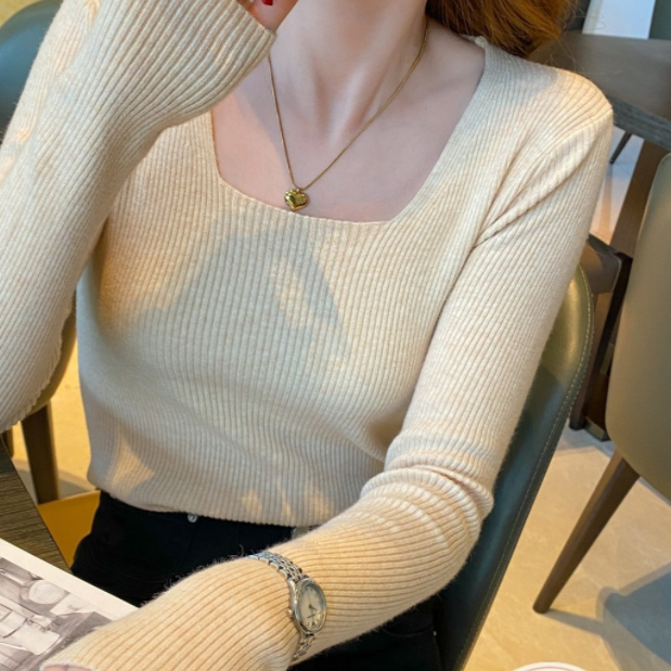 カットソー 長袖リブニットセーター 四角ネック 無地 体型カバー レディース