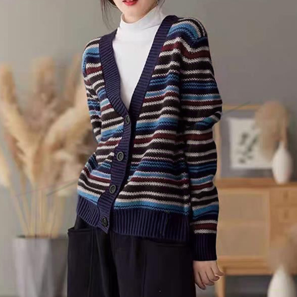 カットソー 配色ボーダーVネックニットカーディガン韓国風レディース