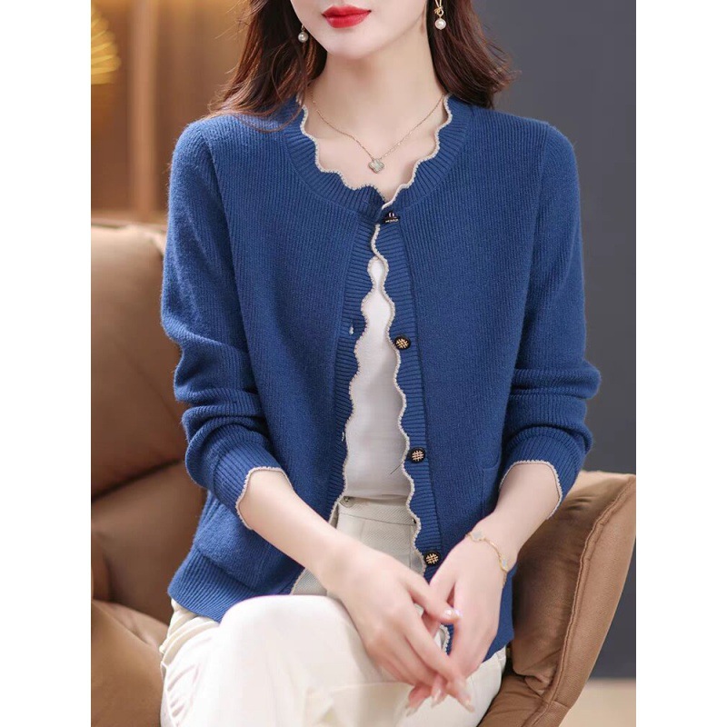 カットソー 波型縁取り前開きニットカーディガン長袖