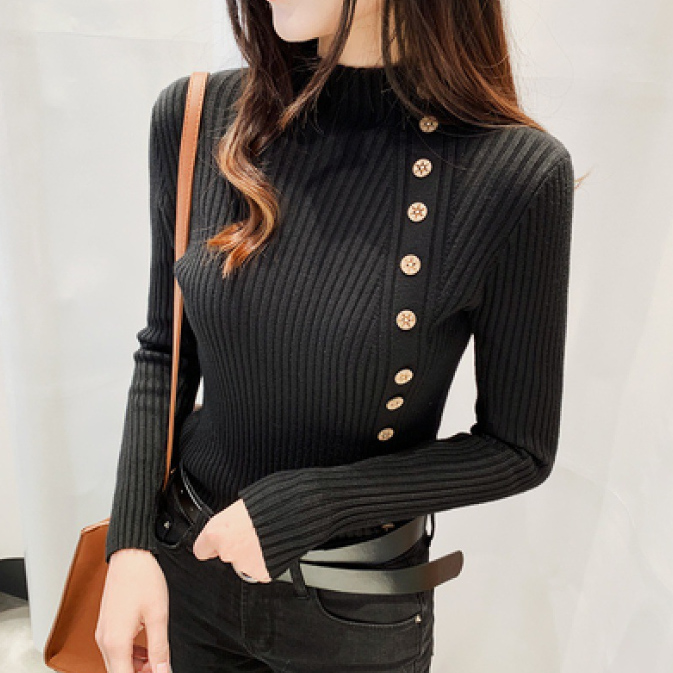 カットソー 2025新作 レディース ハイネック リブニット ボタン セーター