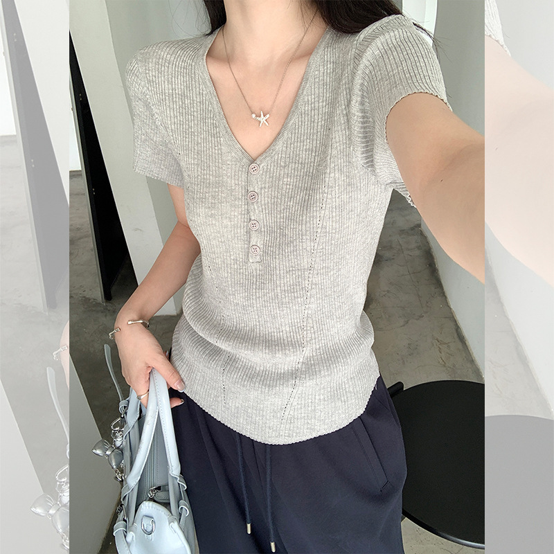 カットソー カットソー リブ編み前ボタン付きVネック
