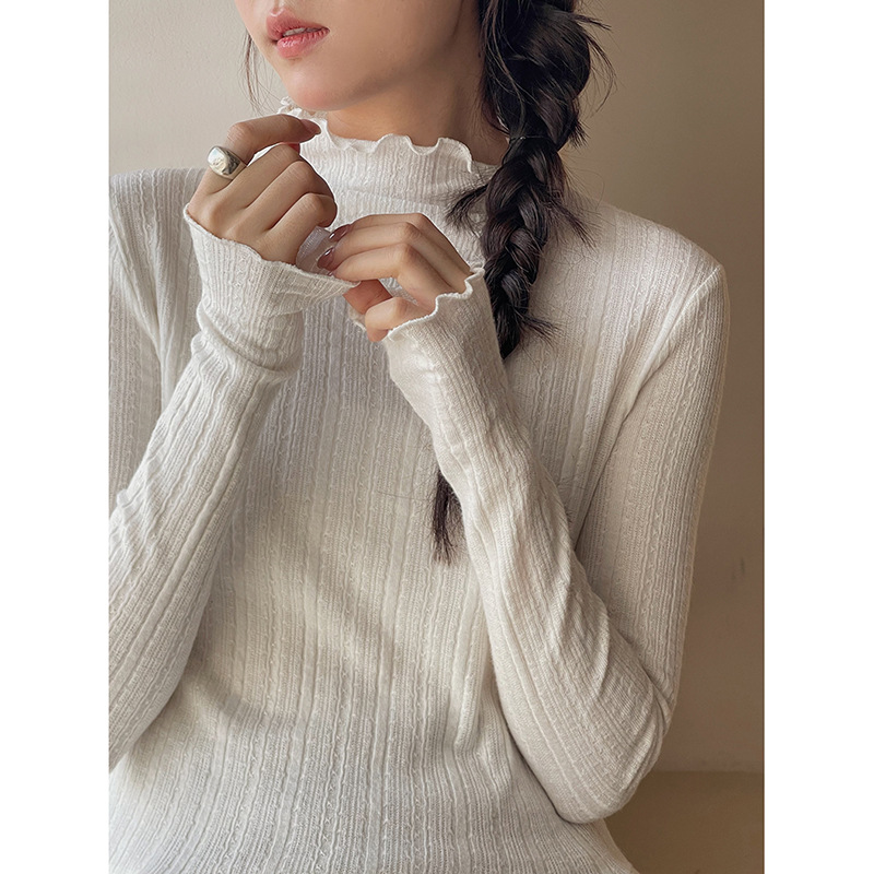 カットソー レディース長袖ハイネックブラウス裾フリル可愛いインナー