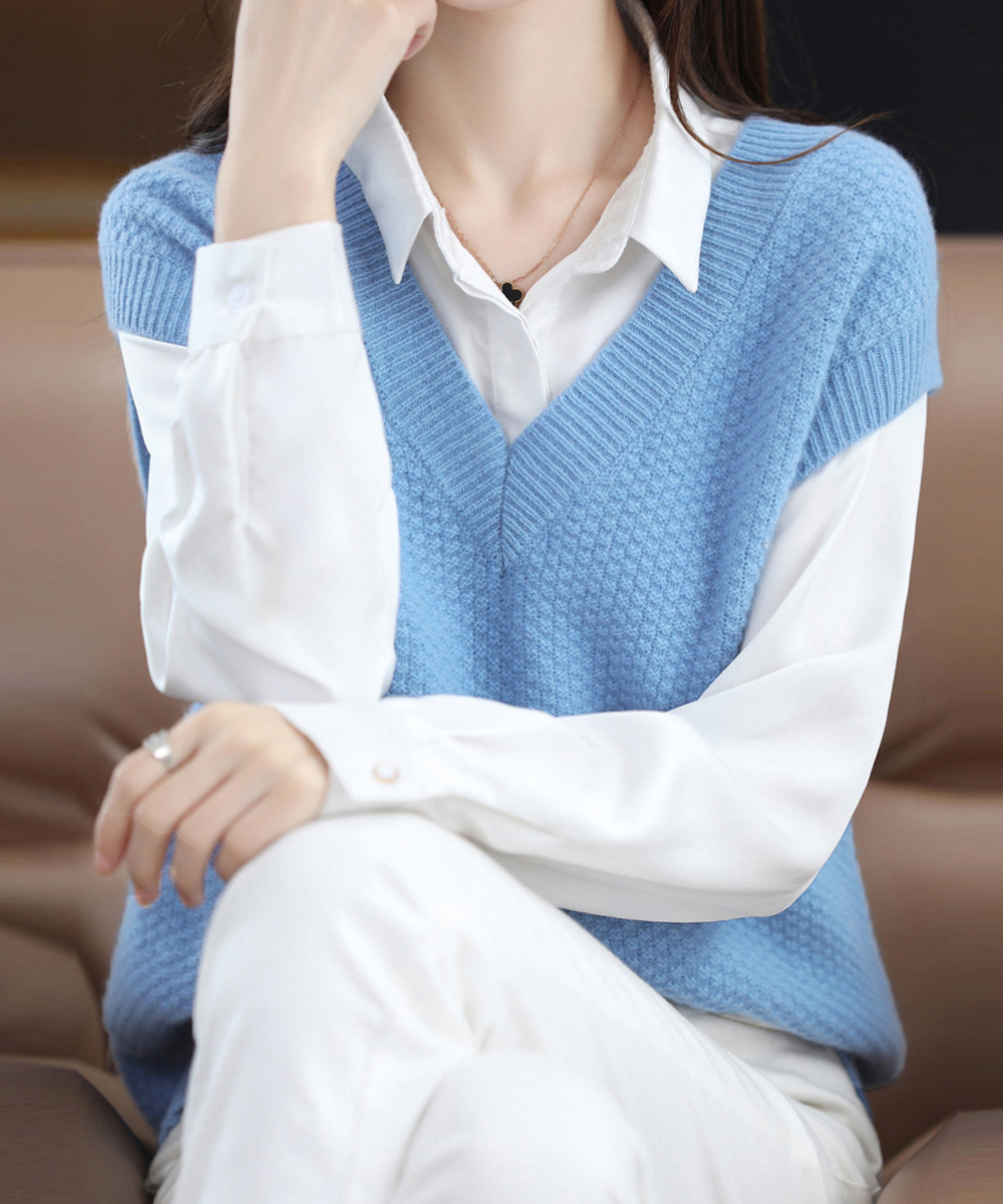 カットソー 深めの五分袖ニットベスト 体型カバー重ね着チョッキ