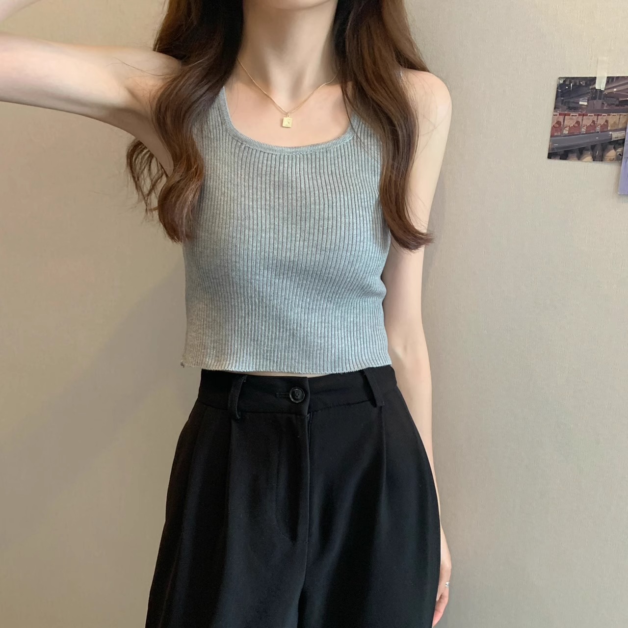 カットソー 優美リブ編みノースリーブカットソー