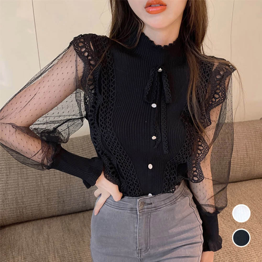 カットソー ハイネック透け感袖異素材切り替えブラウス