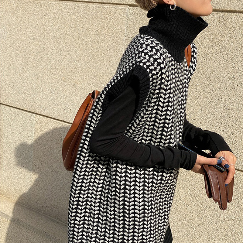 カットソー ハイネック ニット ベスト 千鳥格子 着痩せ 重ね着 上品
