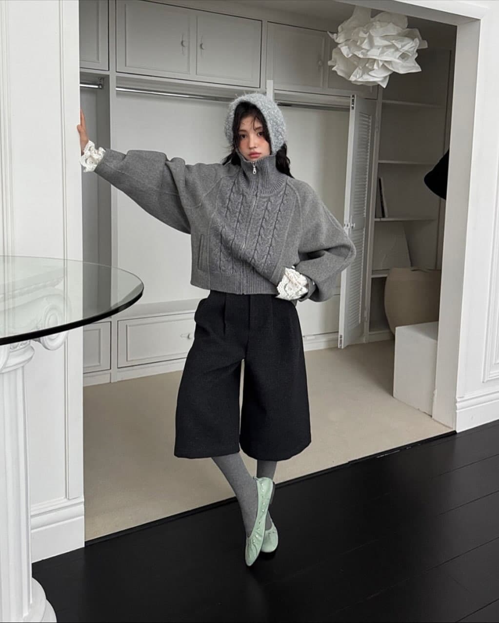 カットソー ケーブル編みハイネックニットカーディガン