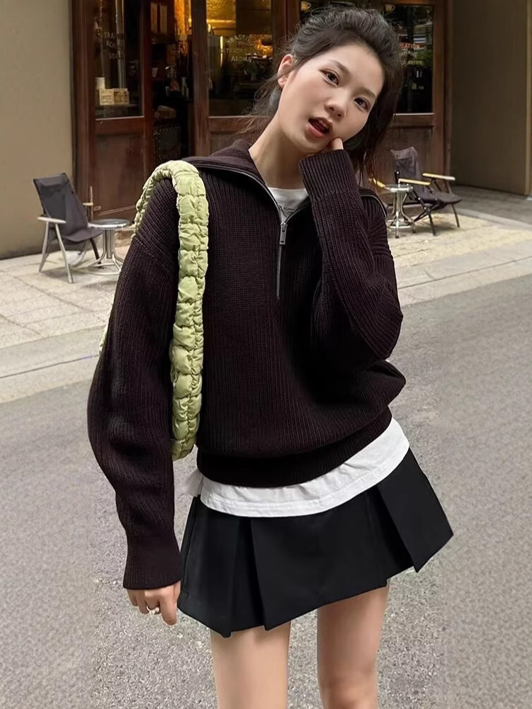 カットソー ハーフジップリブ編みゆったりトップス