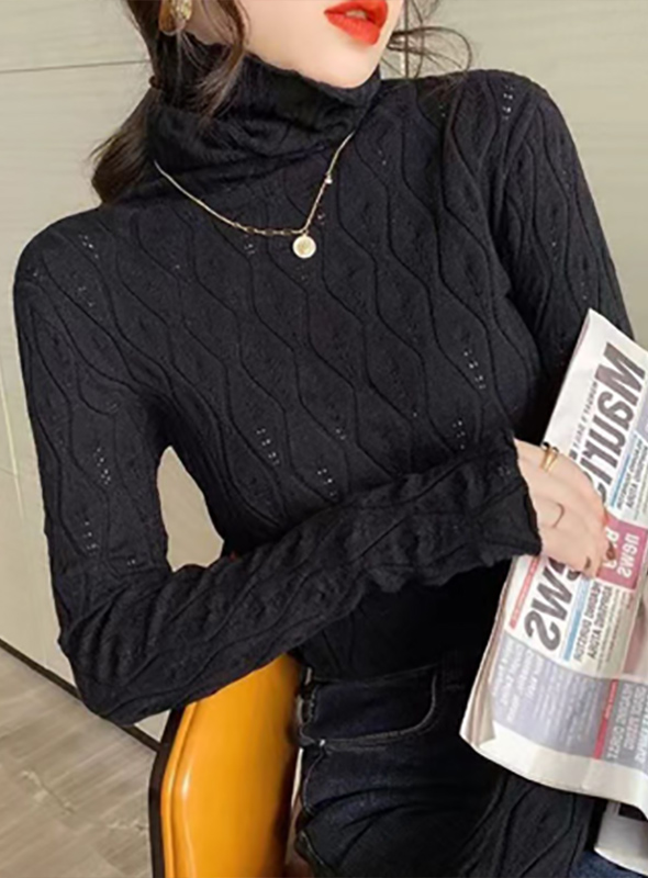 カットソー 2025新作 女性用ハイネック編み込み柄長袖薄手セーター