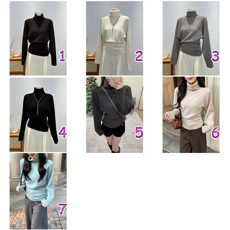 カットソー 韓国風ハイネックニットセーター サイドボタン付き