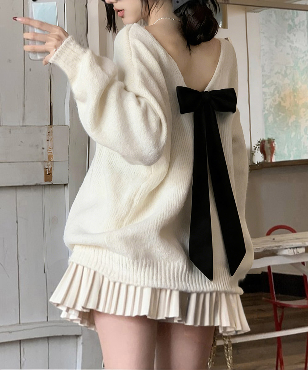 カットソー ボートネック背中開きリボンニットトップス