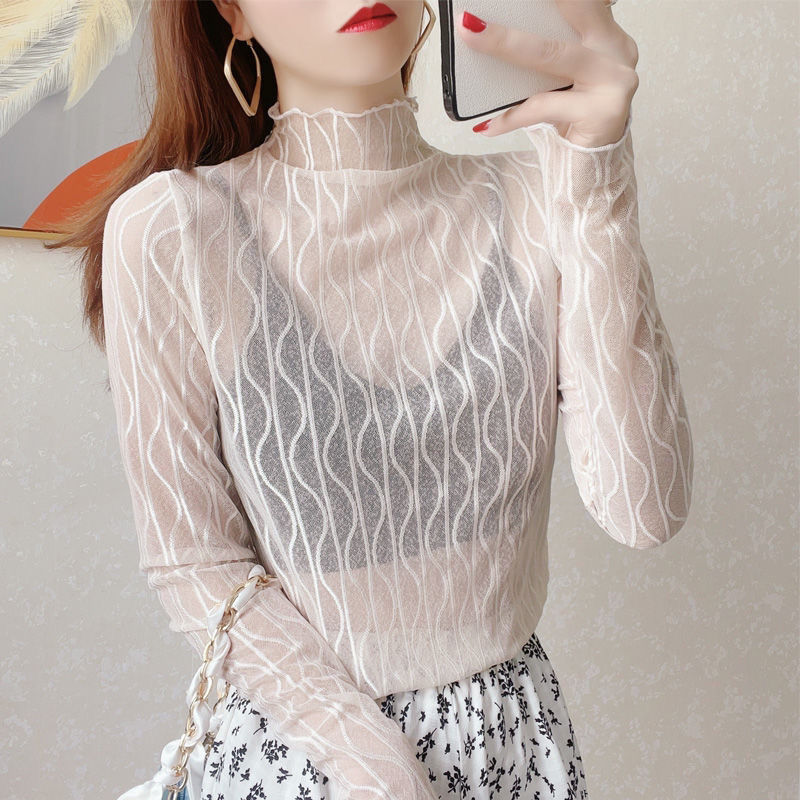 カットソー 透け感レース ハイネック インナー 女性用 重ね着対応