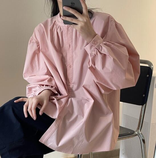 カットソー 長袖バルーン袖シャツ レディース秋冬コーディネート立ち襟