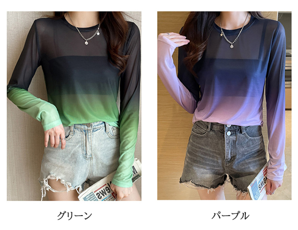 新作 透け感シアー長袖カットソー グラデーション薄手丸首