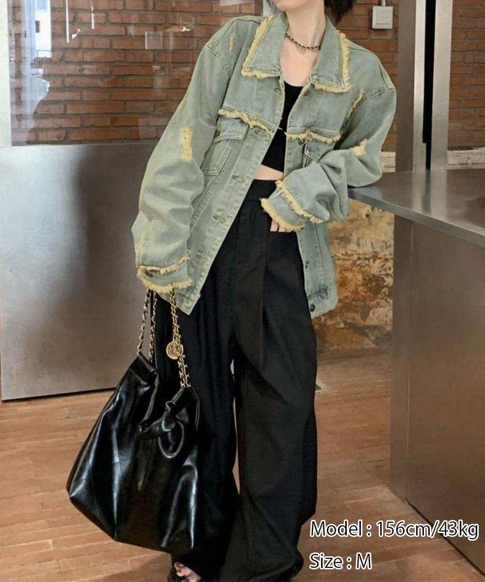 カットソー 切りっぱなし裾加工長袖デニム上着