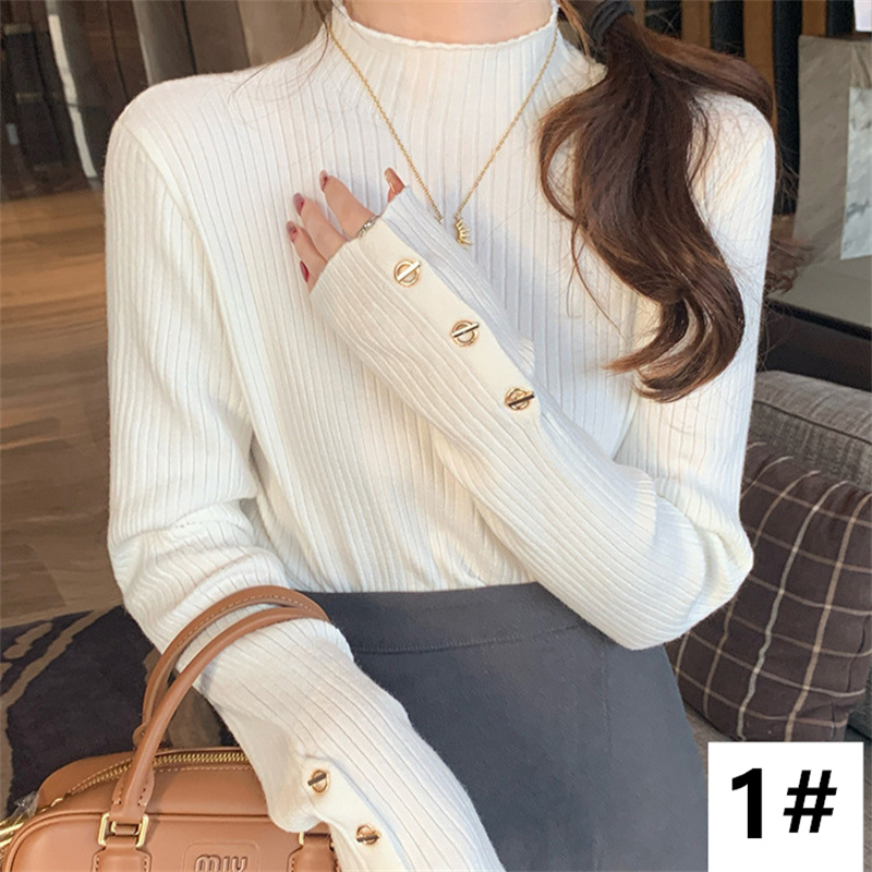 カットソー 2025秋冬新作 金ボタン付き長袖リブセーター 全4色