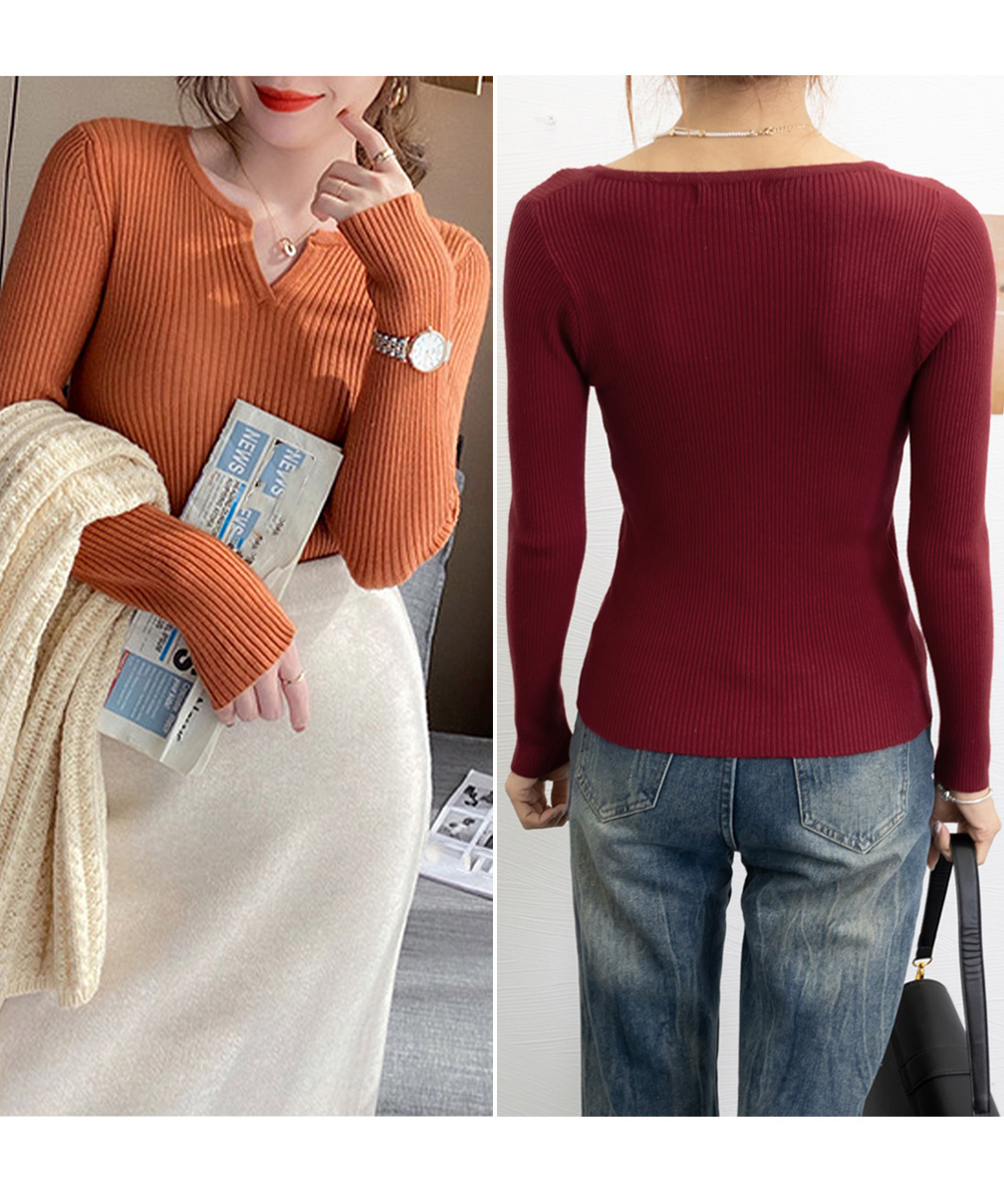 Vネック リブニット 長袖カットソー