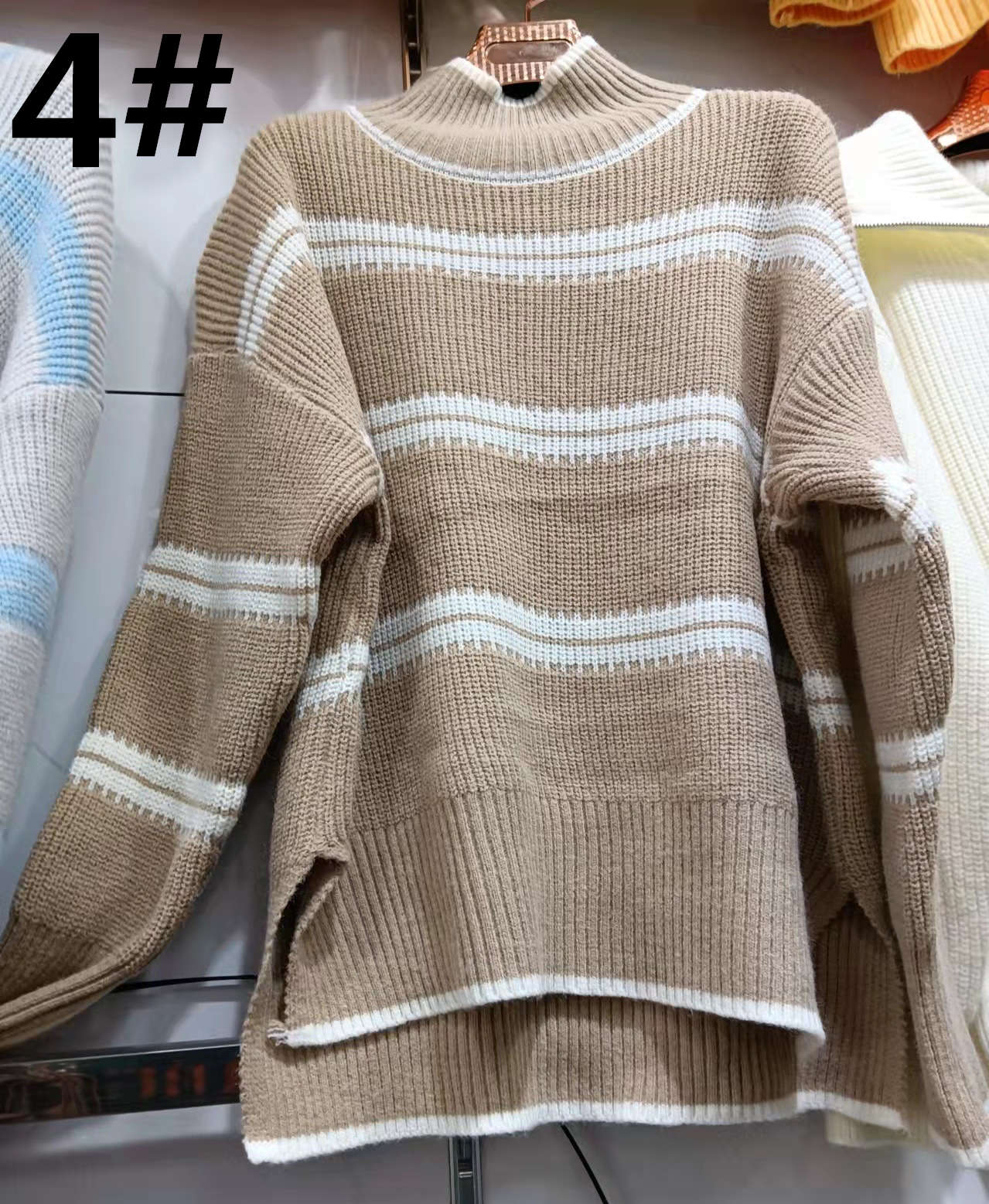 カットソー ハイネック縞模様長袖ニット 厚手体型カバー着回しセーター