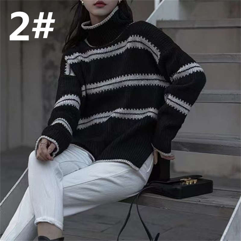 カットソー ハイネック縞模様長袖ニット 厚手体型カバー着回しセーター