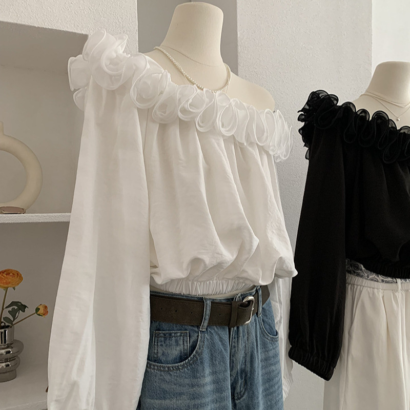 韓国風ボートネック長袖カットソー フリル付き2色展開