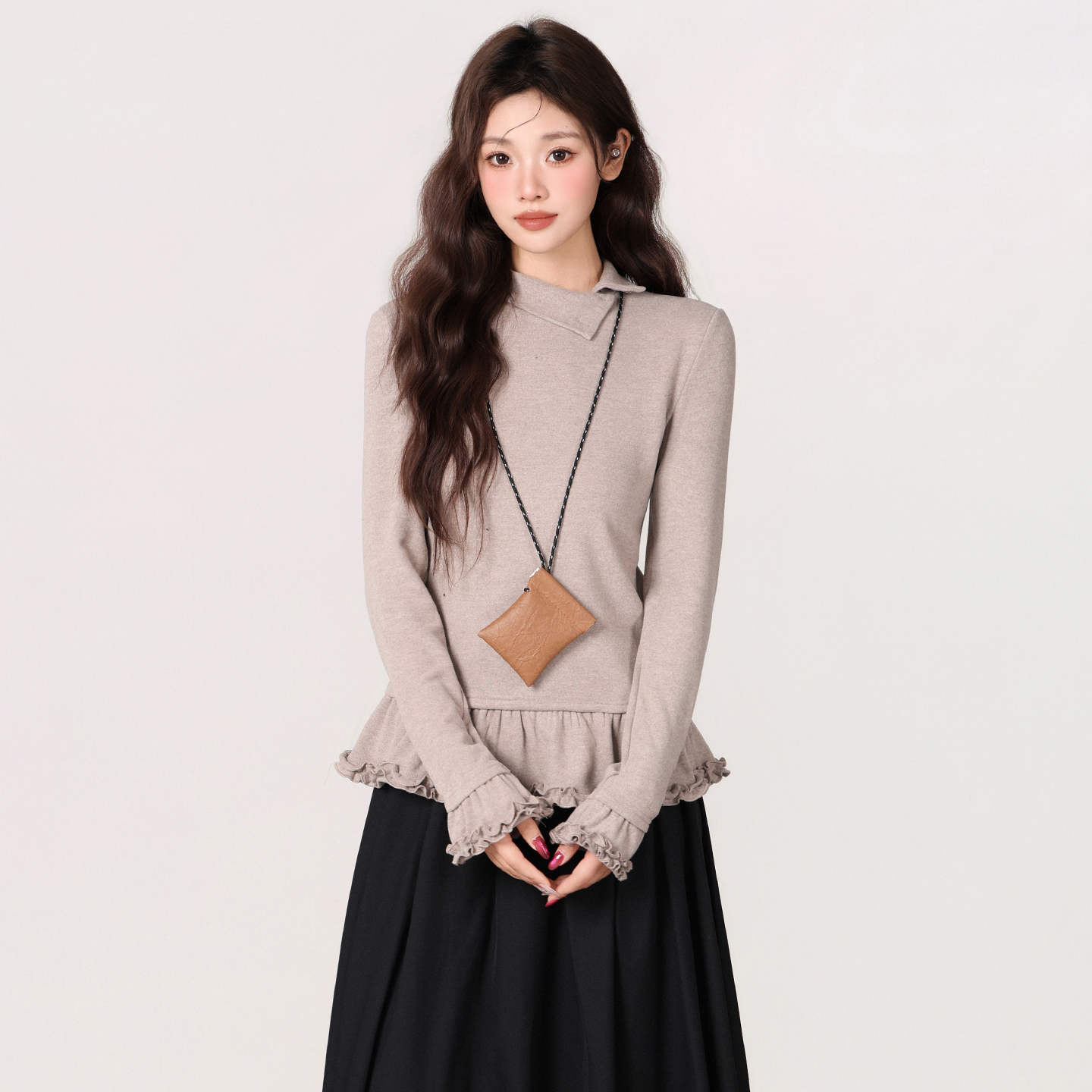 秋冬新作 フリル袖ハイネック カットソー ベージュ