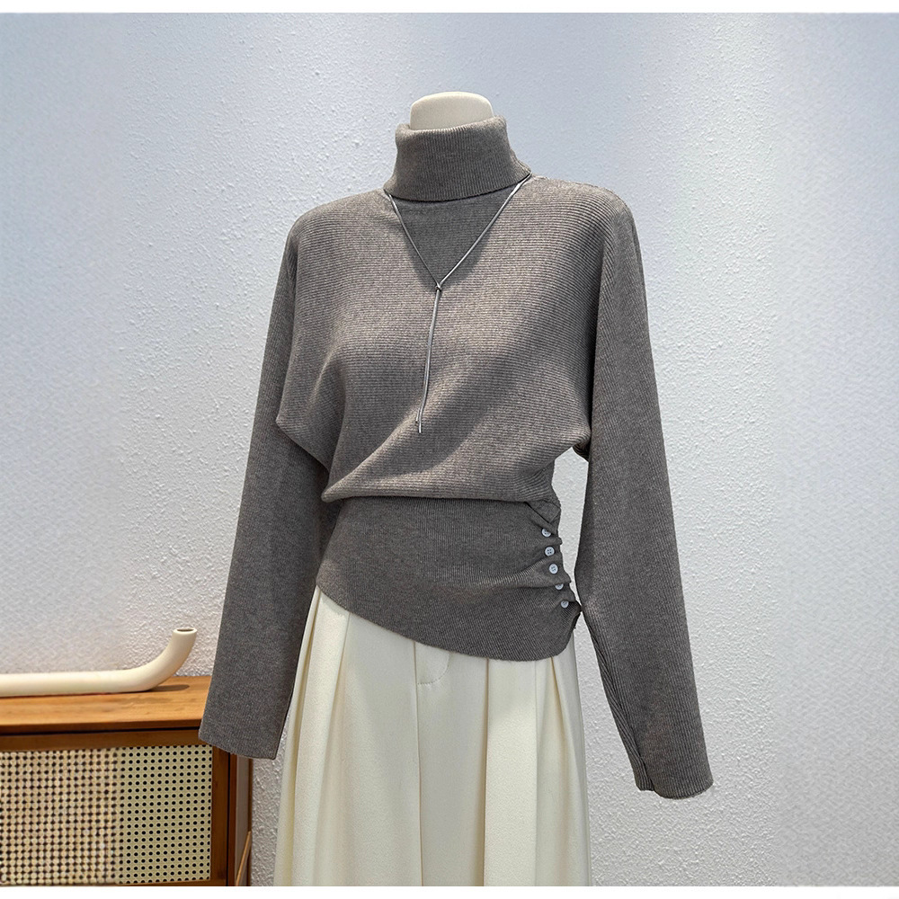 カットソー 韓国風ハイネックニットセーター サイドボタン付き