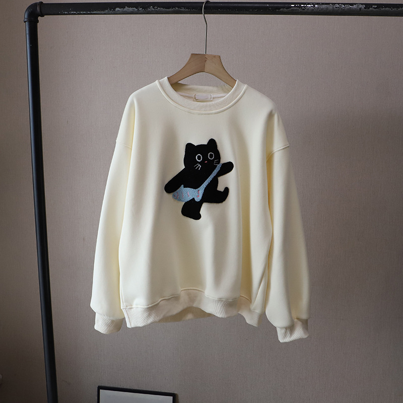 可愛い猫刺繍長袖裏起毛カットソー韓国風4色